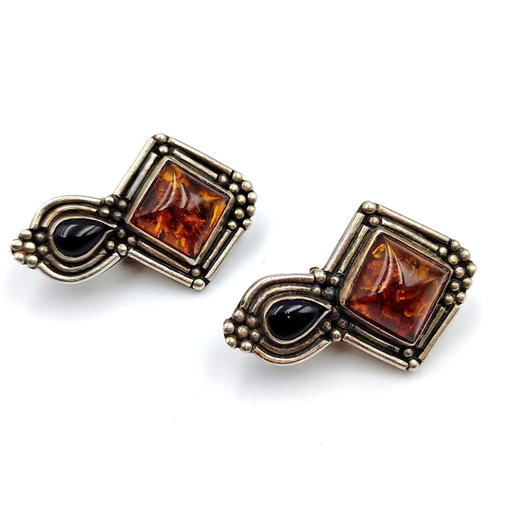 Sterling Silver 925 Amber Onyx Southwestern Native American Clip On Earrings